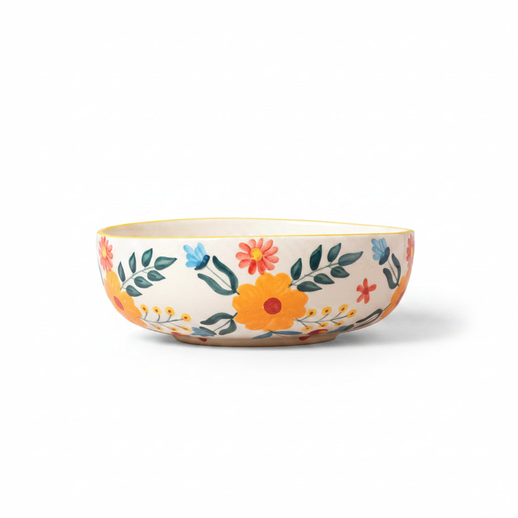 Floral Extravaganza ceramic bowl featuring a beautiful hand-painted floral motif.