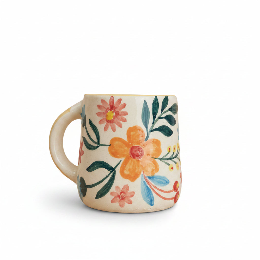 Floral Extravaganza ceramic coffee mug decorated with a bright and colorful floral design.