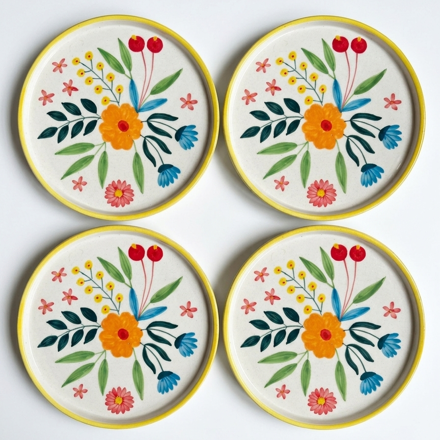 Four ceramic plates with floral designs on a white background