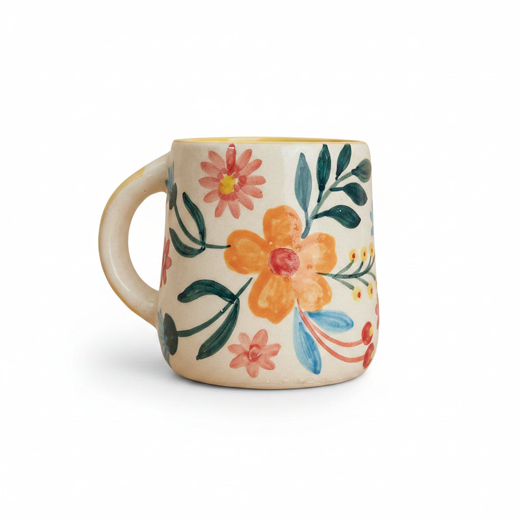 a coffee cup with a flower painted on it