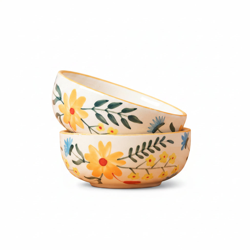 Two stacked ceramic bowls with floral designs on a beige background