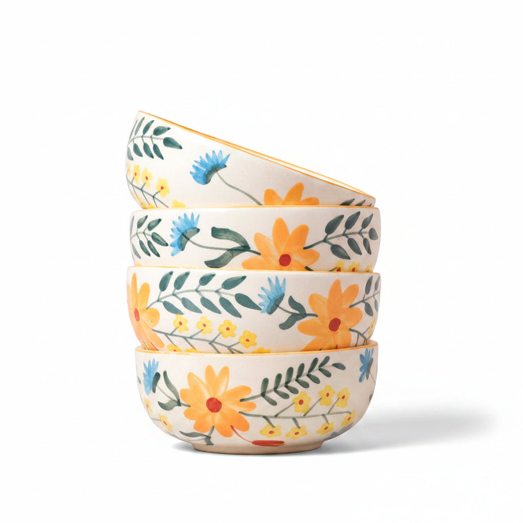 Set of three floral-patterned bowls stacked on a peach background