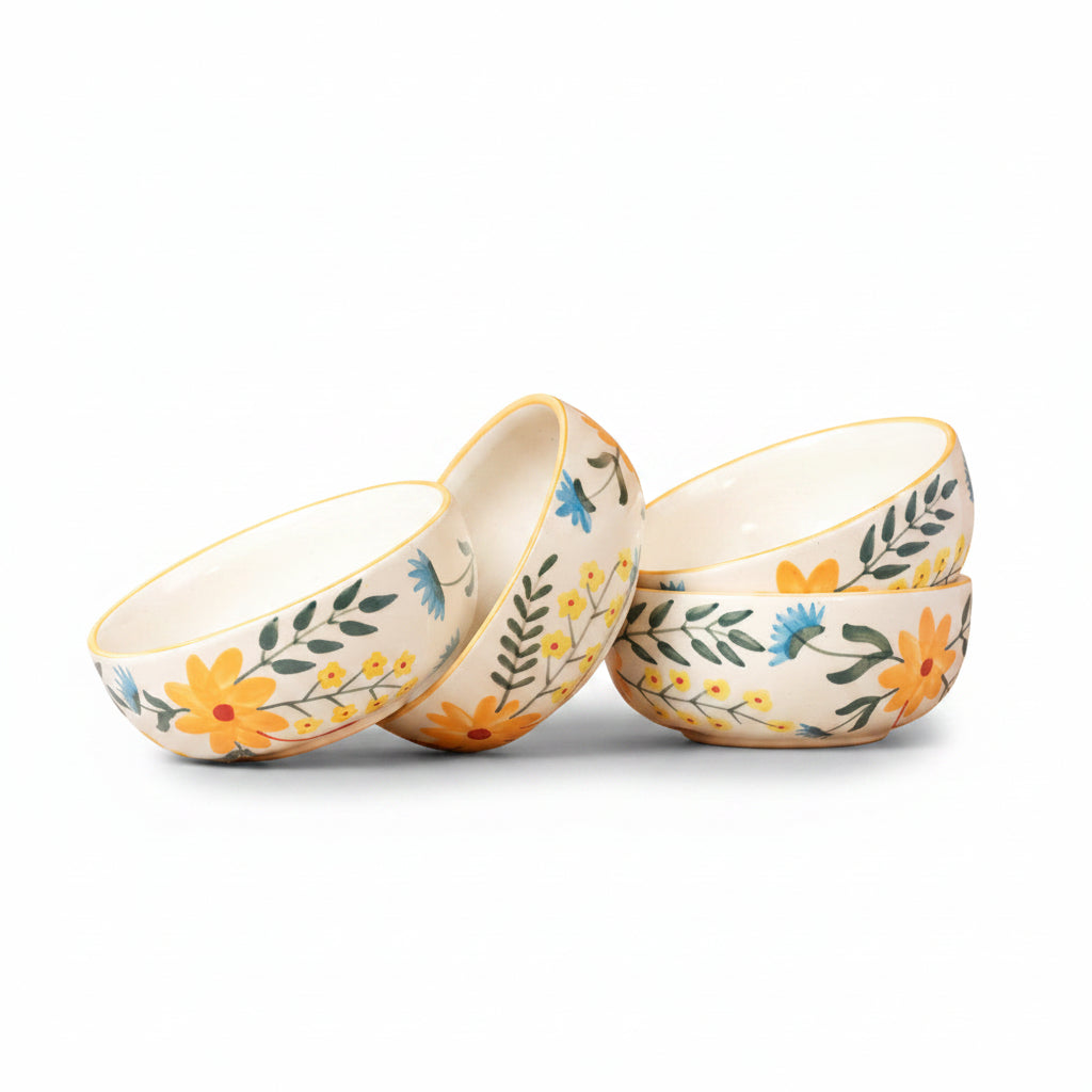Three ceramic bowls with floral designs on a beige background