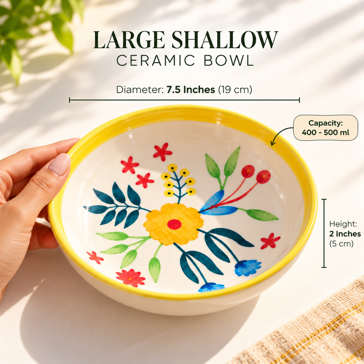 Floral Extravaganza Ceramic Shallow Bowl - Large (7.5 x 2 Inches)