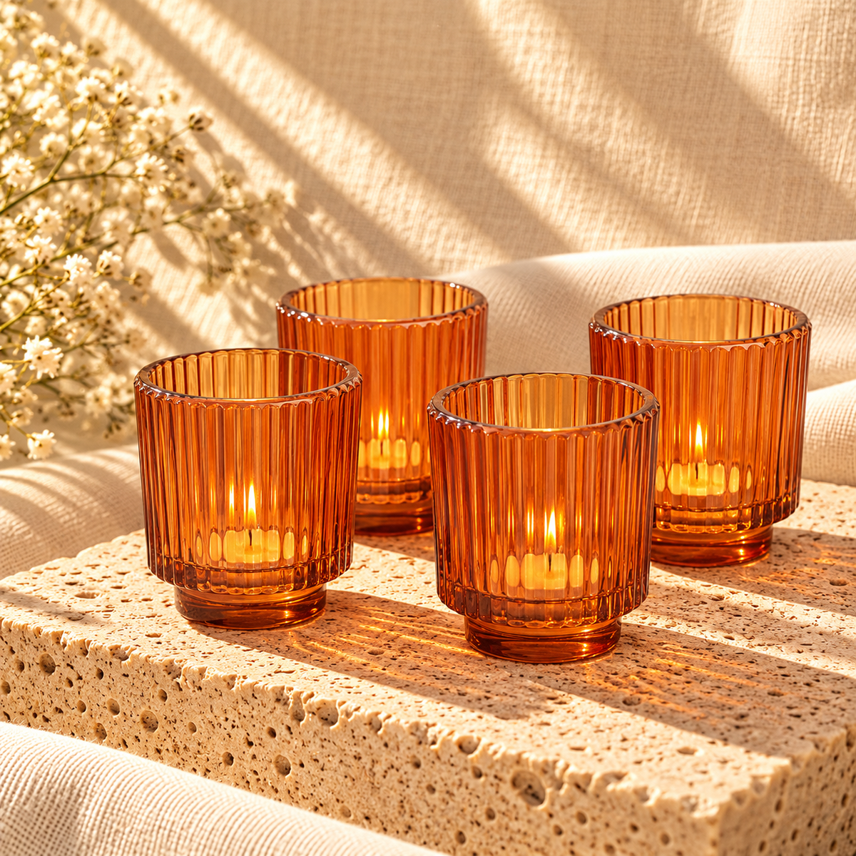 Fluted Glass Amber Tealight Holder
