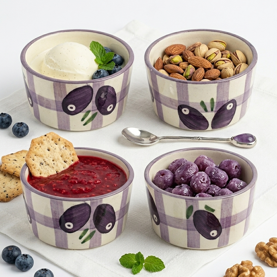 Four ceramic bowls with checkered pattern and fruit design, filled with various snacks on a white surface.