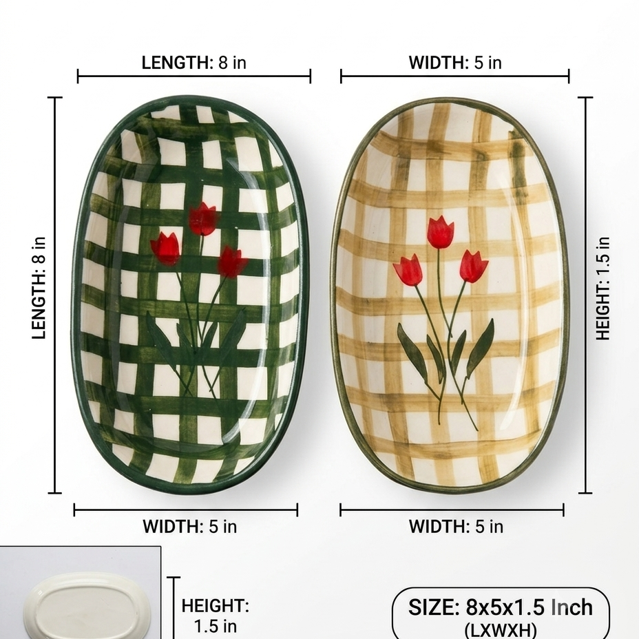 Hand-Painted Floral Checkered Design Ceramic Oval Platters - Set of 2
