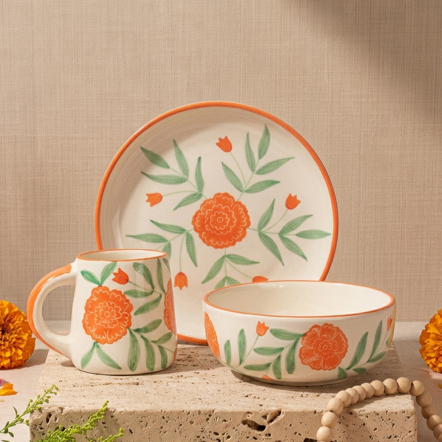 Marigold Mandi Handpainted Ceramic Breakfast Set of 3