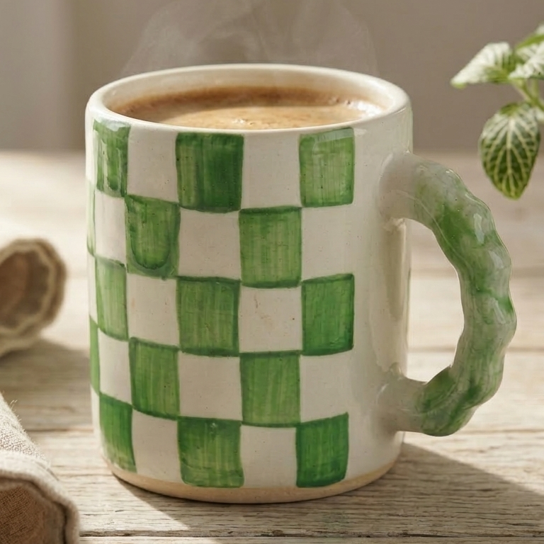 Ghingham Checkerboard Print- Green Mug