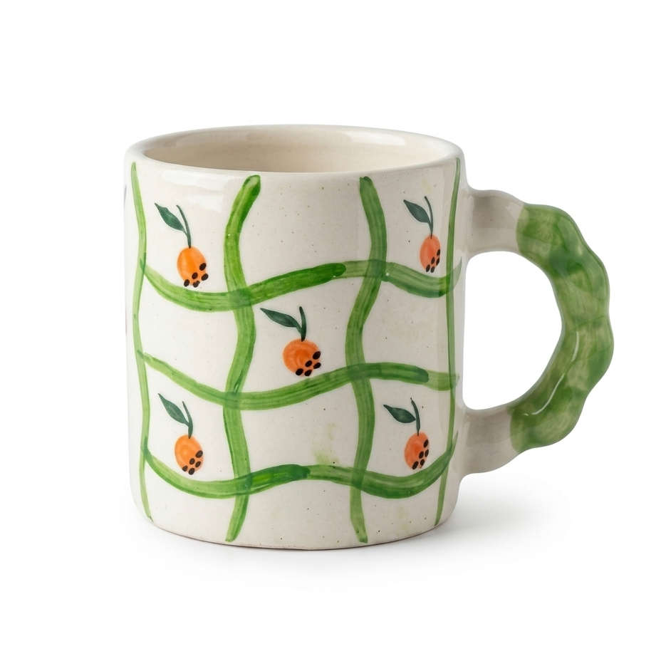 Orange Grid Handpainted Ceramic Mug – Green Handle