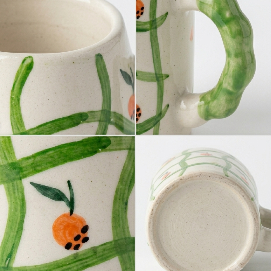 Orange Grid Handpainted Ceramic Mug – Green Handle