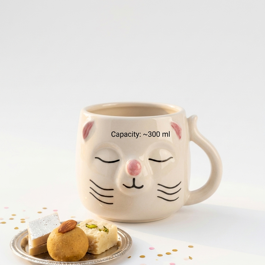 Cute 3D Cat Face Ceramic Coffee Mug with Tail Handle