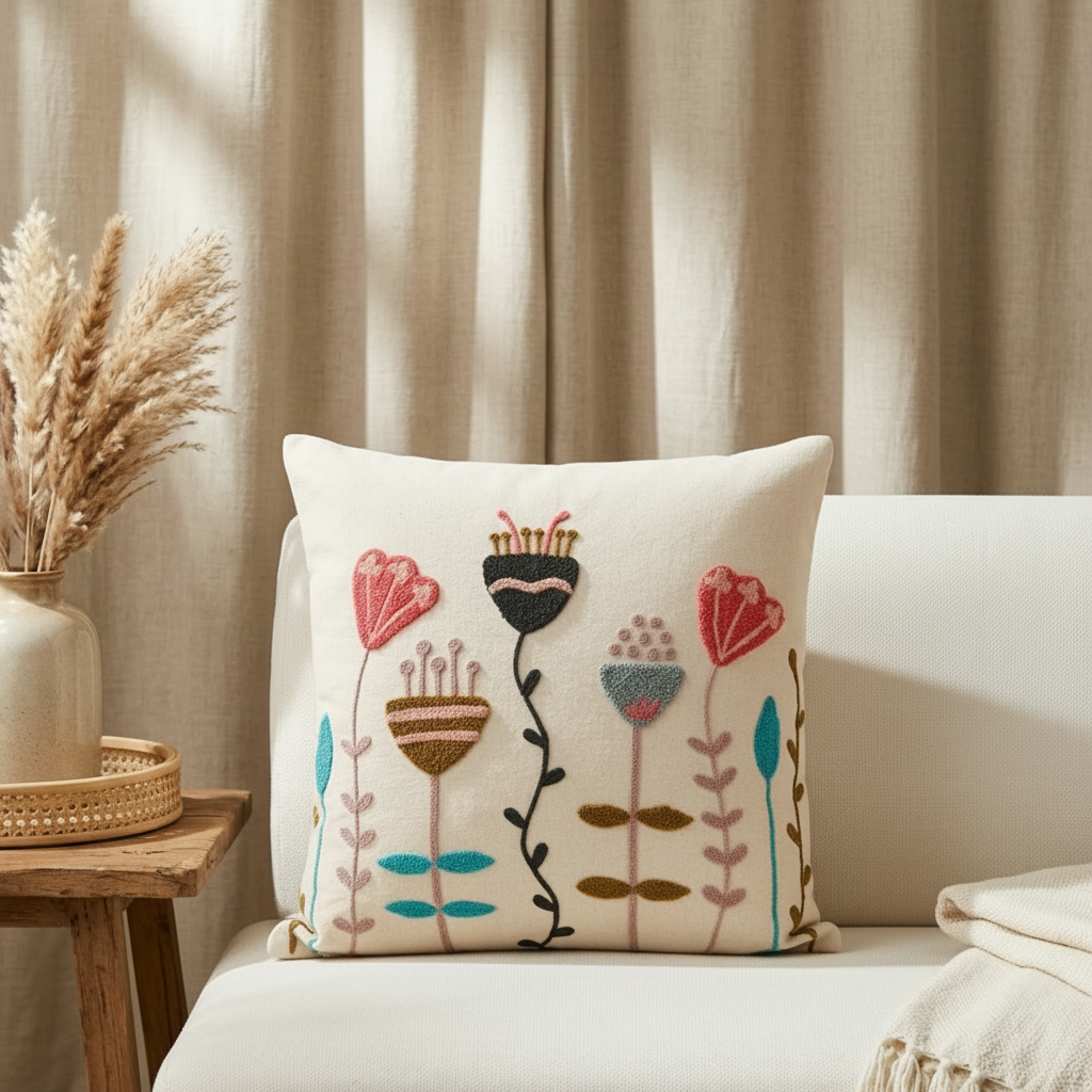 A square cream throw pillow with embroidered wildflower motifs in pink, teal, black, and brown, styled on a cream sofa with a wooden side table and dried grasses in the background.
