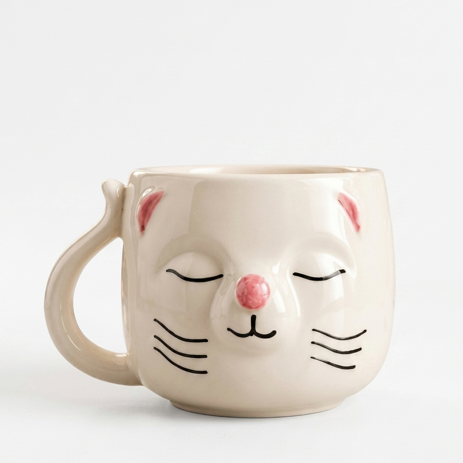 Cute 3D Cat Face Ceramic Coffee Mug with Tail Handle