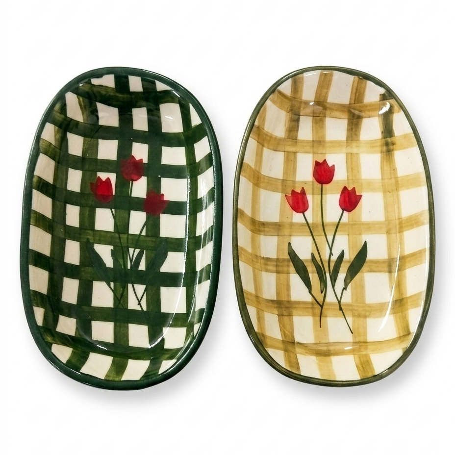 Hand-Painted Floral Checkered Design Ceramic Oval Platters - Set of 2