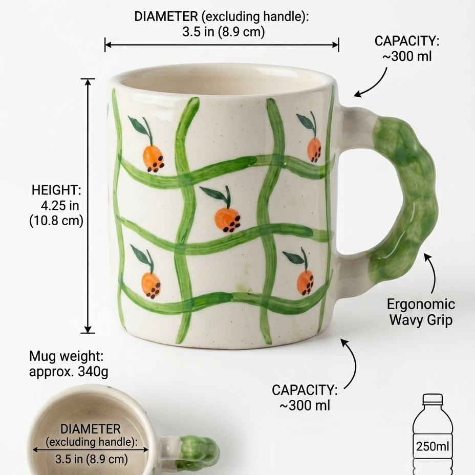 Orange Grid Handpainted Ceramic Mug – Green Handle