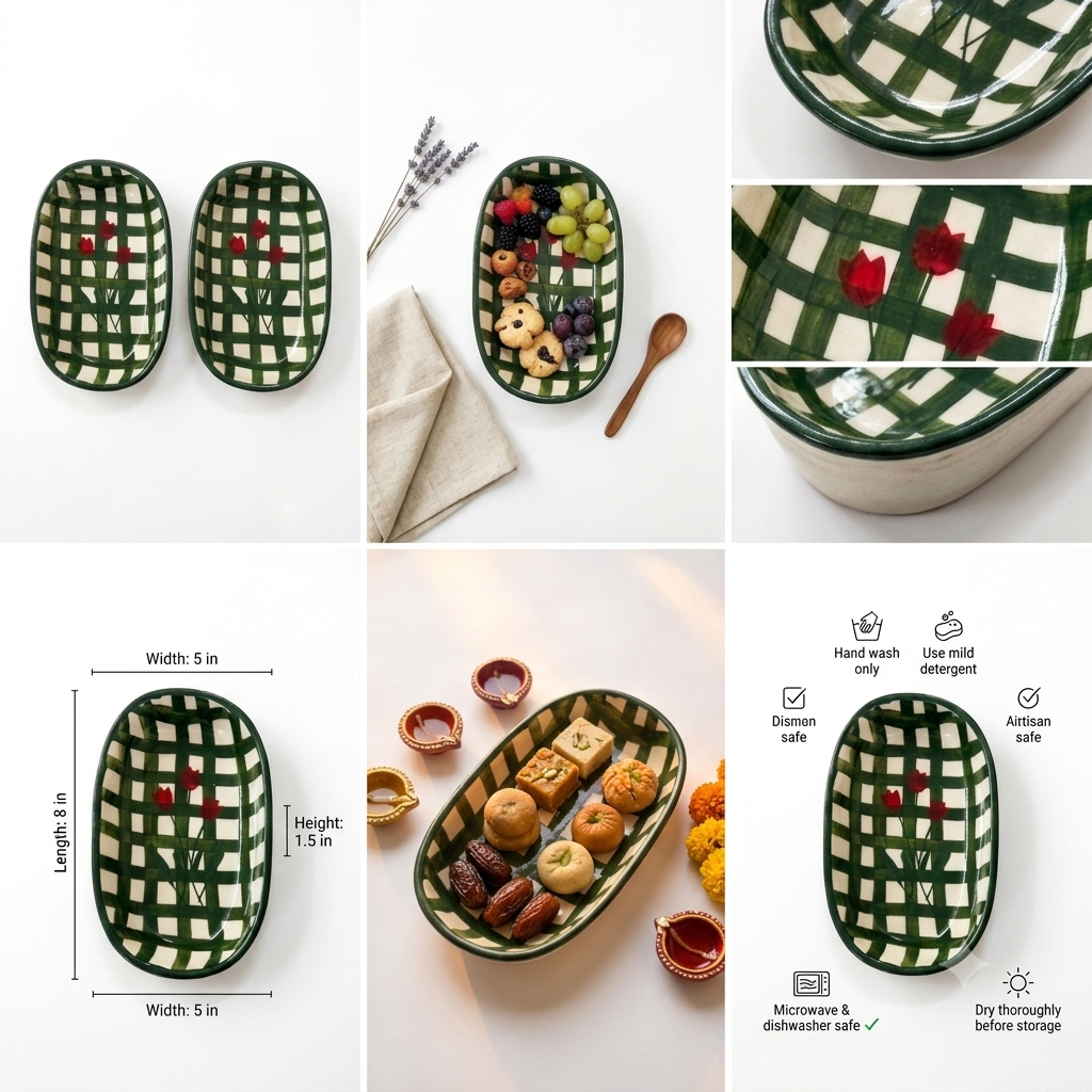 Hand-Painted Floral Checkered Design Ceramic Oval Platters - Set of 2 (Green )