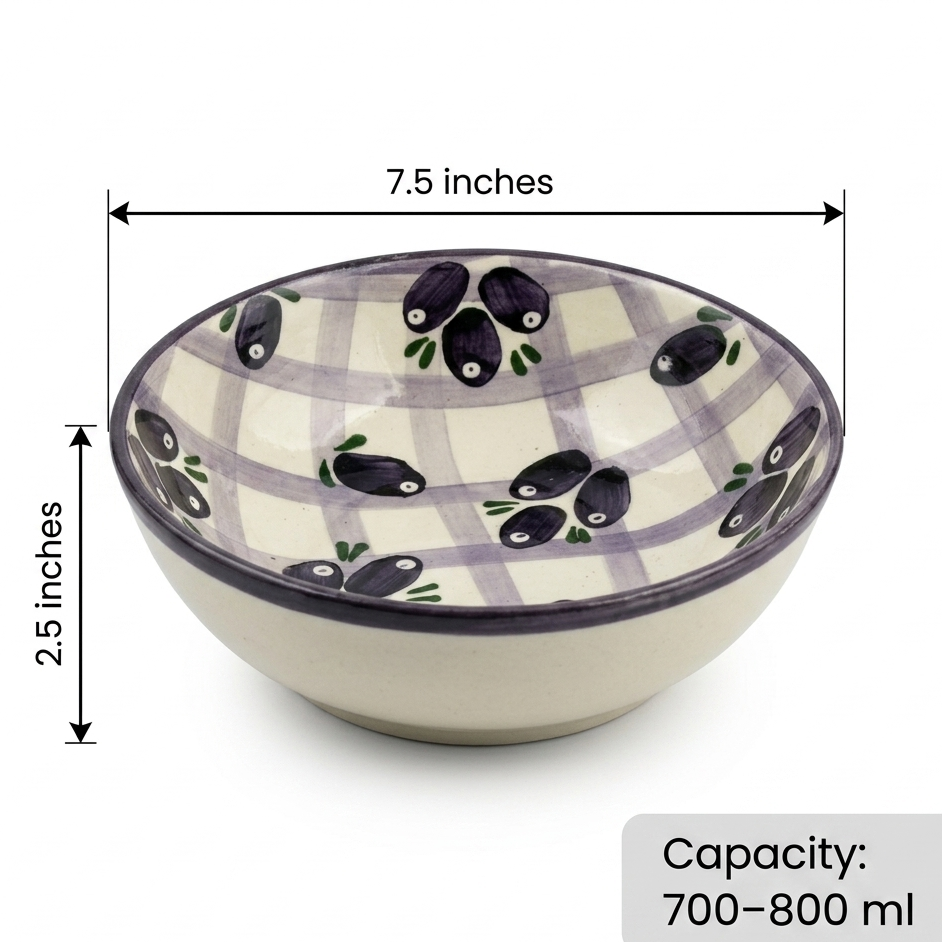 Ceramic bowl with olive design and measurements on a white background