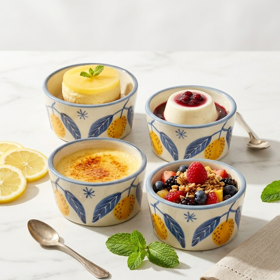 Lemon Leafy Ceramic Ramekin Bowls Set of 4