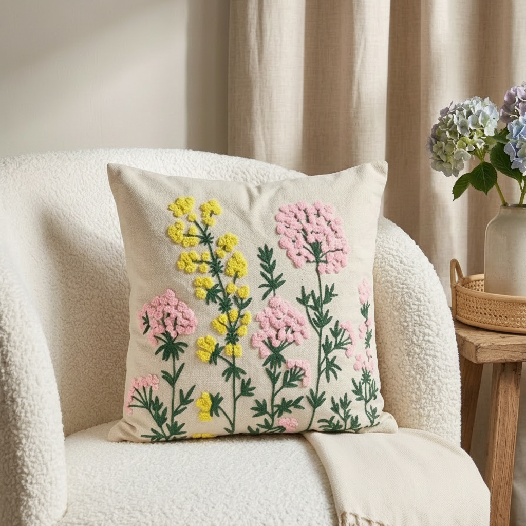 A square cream throw pillow with embroidered pink and yellow wildflowers and green stems, styled on a cream boucle armchair in a warm, neutral-toned room.