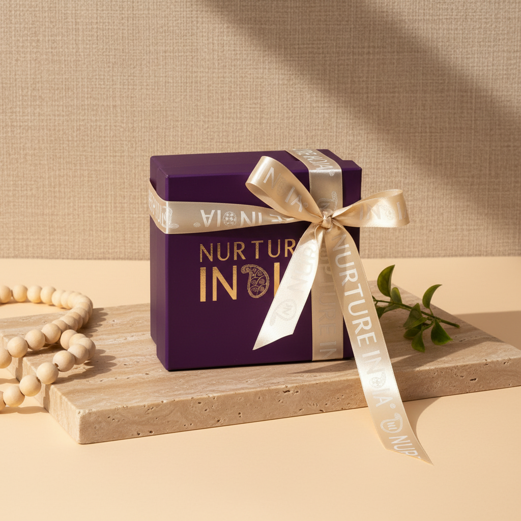 Purple gift box with a white ribbon on a beige background, labeled 'Nurture India'.