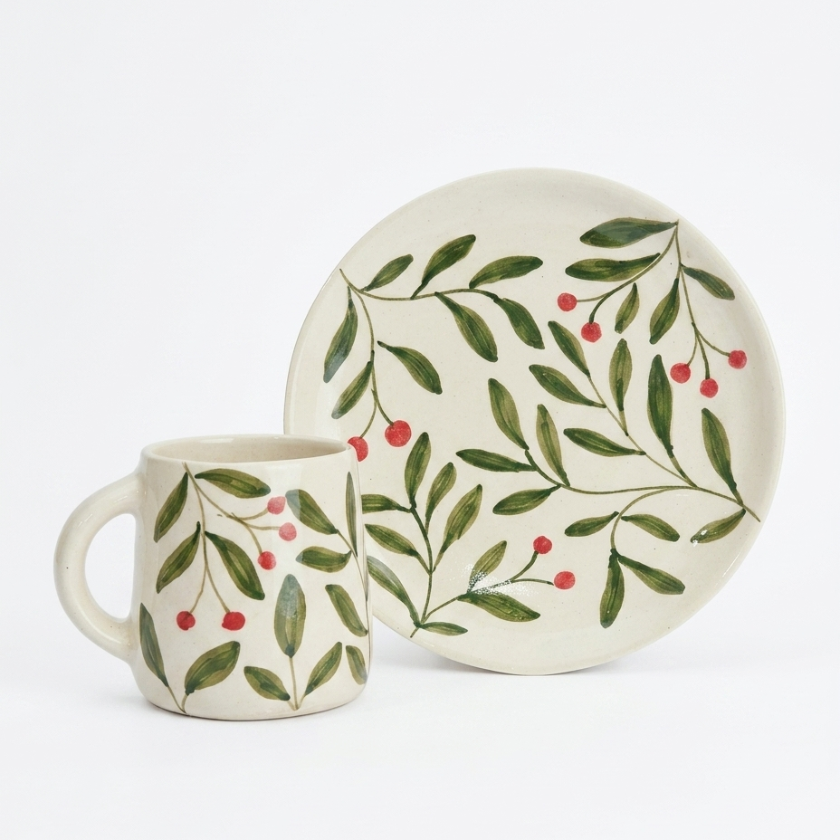 Olive Leaf Ceramic Set - Plate & Cup
