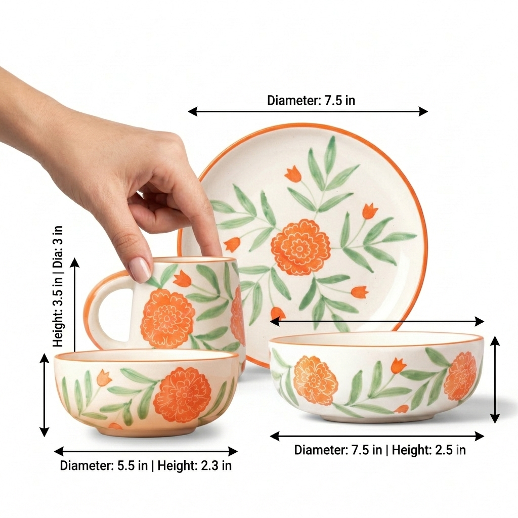 Marigold Mandi Handpainted Ceramic Breakfast Set of 4