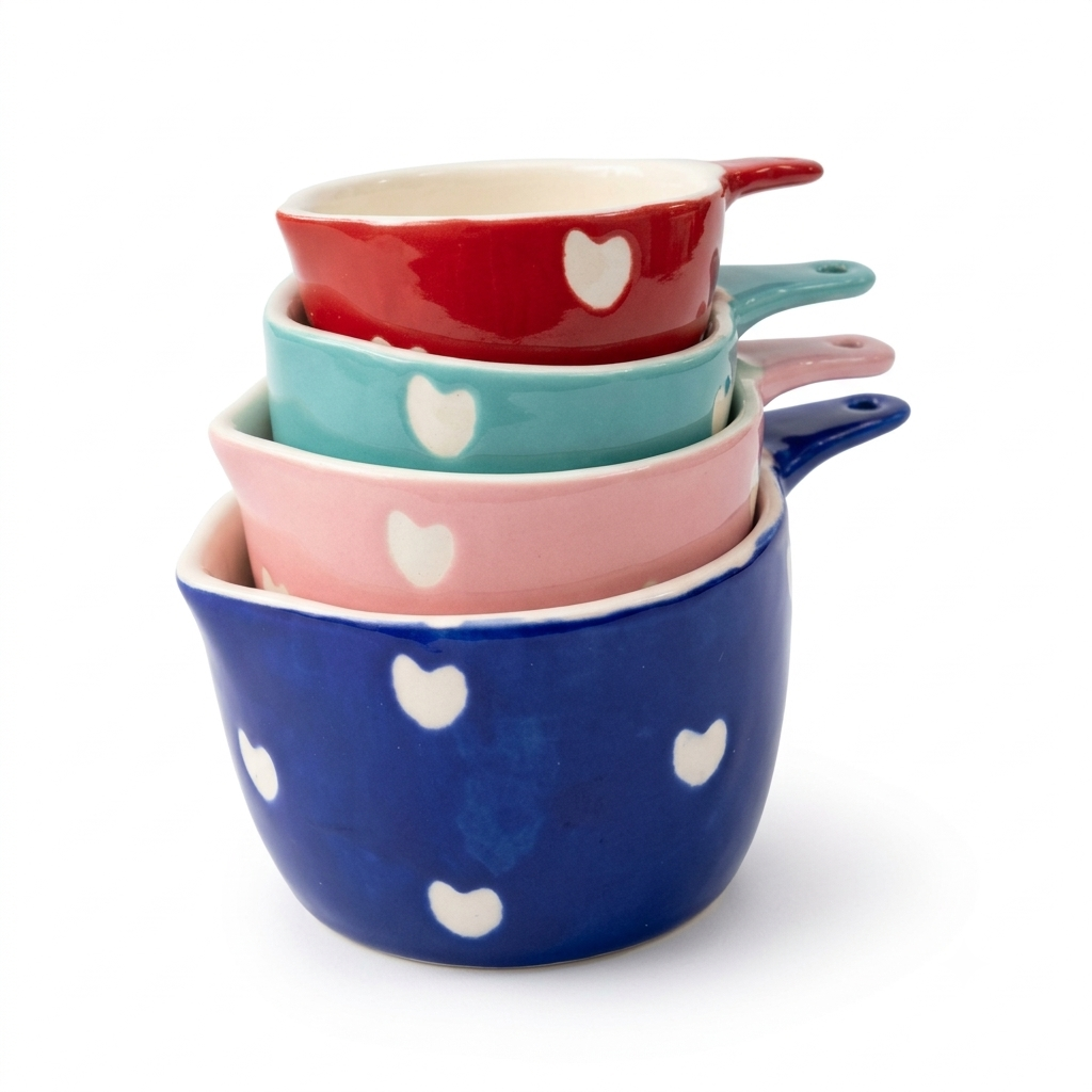 Set of 4 Multicolored Ceramic Measuring Cups - Hand-Painted Heart Nesting Baking Tools