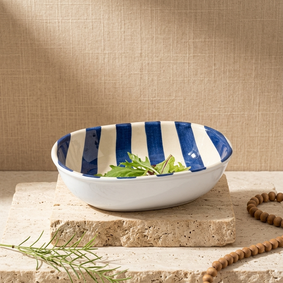Blue Stripe Handpainted Ceramic Bowl