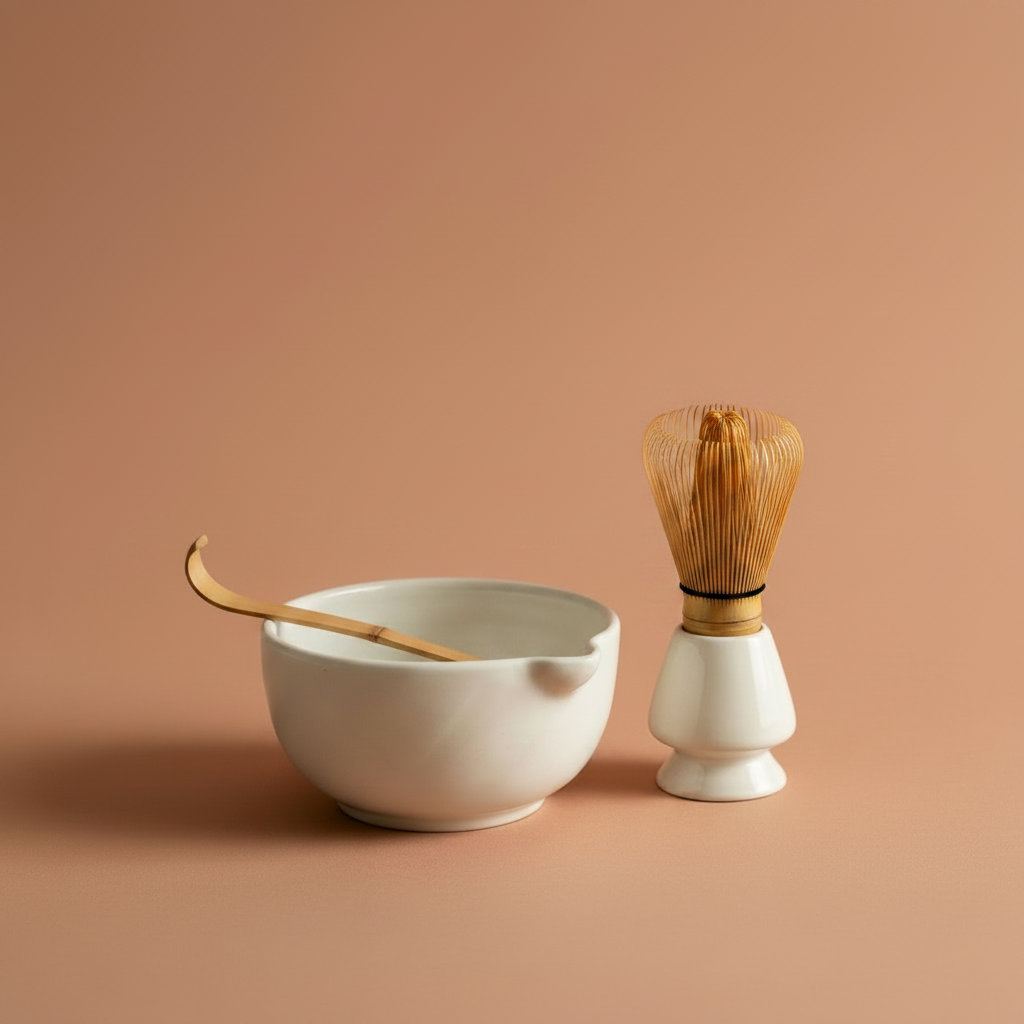 Pastel White Matcha Bowl & Whisk Holder Set