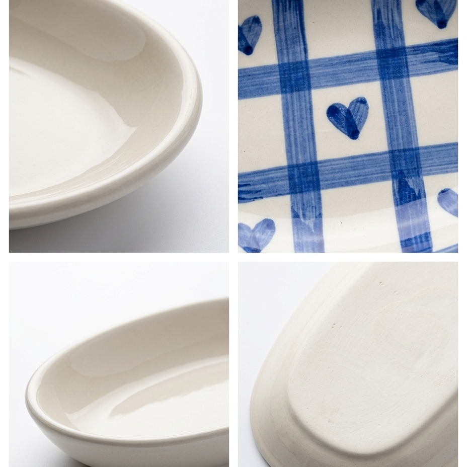 Cute Gingham & Heart Print Ceramic Oval Platters – Set of 2