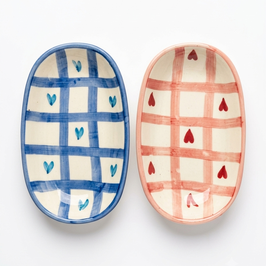 Cute Gingham & Heart Print Ceramic Oval Platters – Set of 2