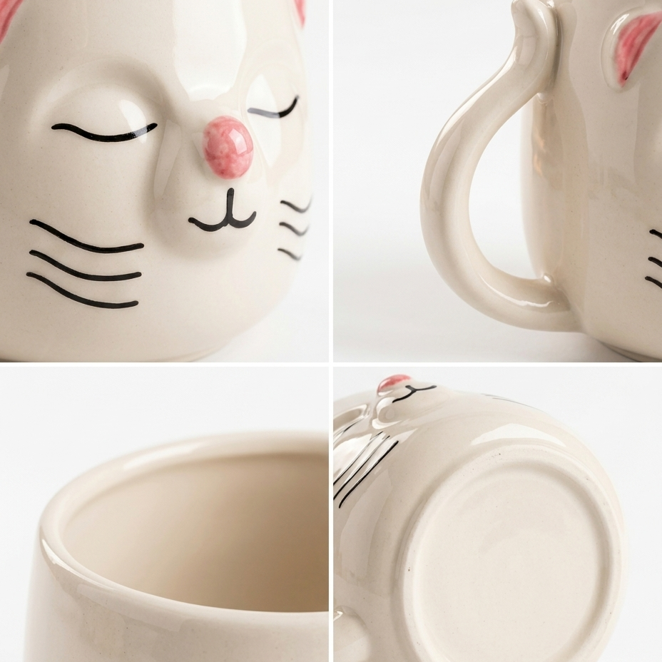 Cute 3D Cat Face Ceramic Coffee Mug with Tail Handle