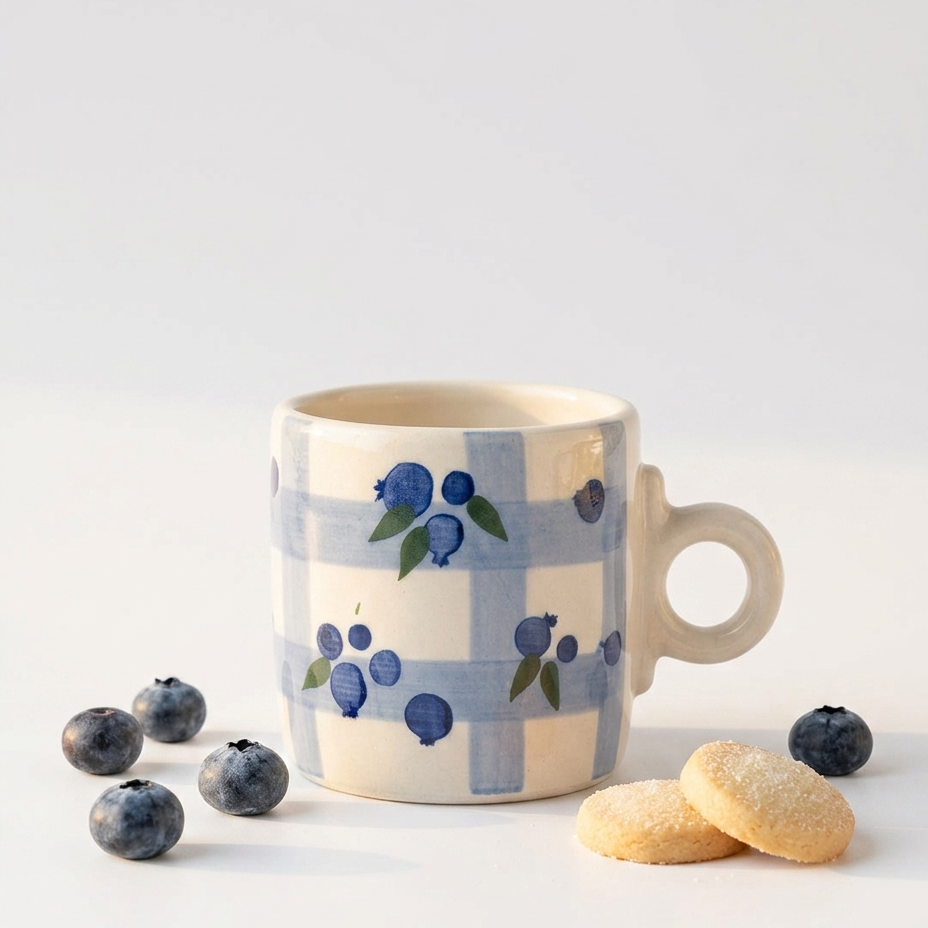 Hand-Detailed Blueberry Lattice Stoneware Mug - Unique Circular Ring Grip Cup