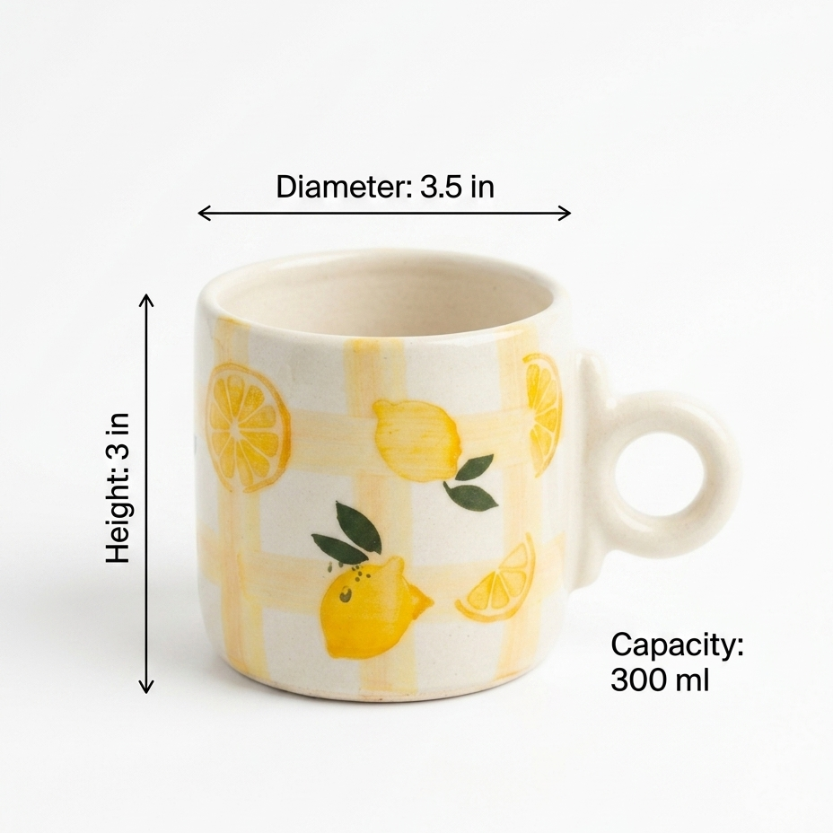 Handcrafted Lemon Ceramic Mug – 300 ml | Yellow Check Pattern Cup