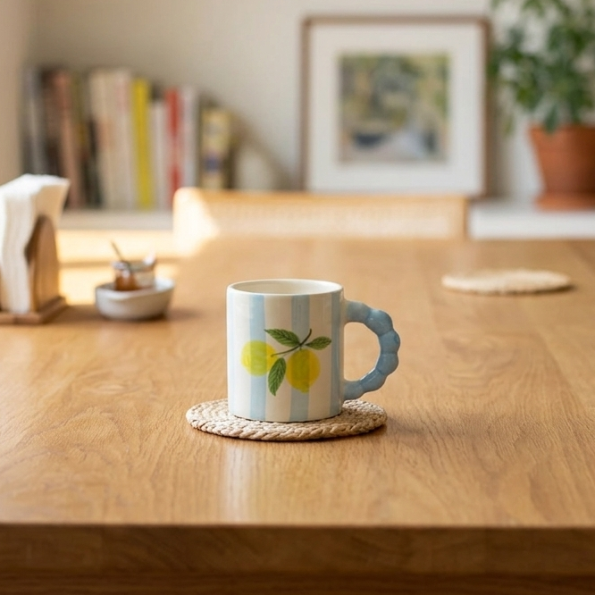 Lemon Stripe Elegance – Handcrafted Ceramic Mug