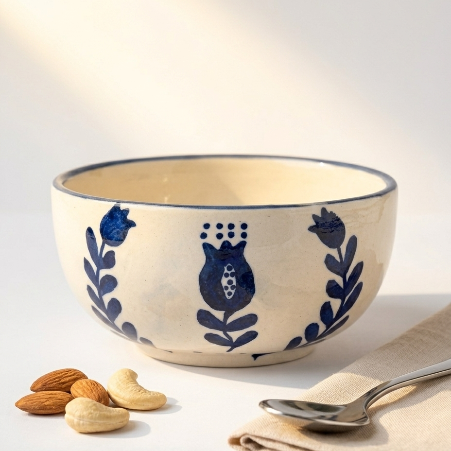 Blue Anaar & Floral Folk Art Ceramic Small Bowl