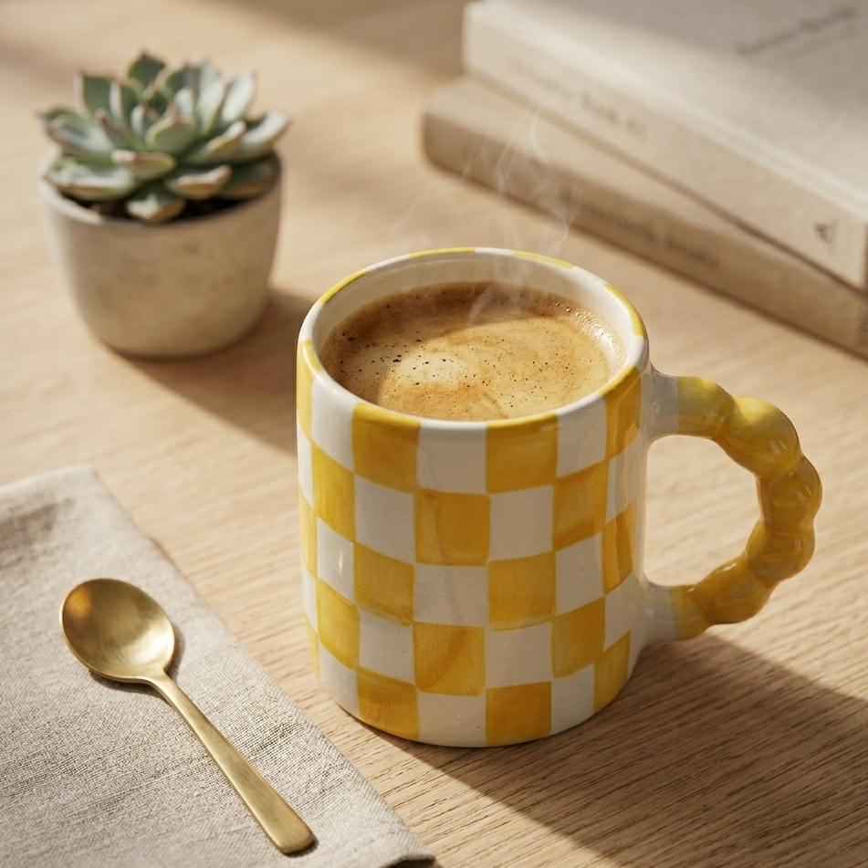 Ghingham Checkerboard Print- Yellow Mug