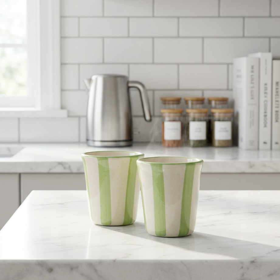 Ceramic Green Stripe Glass- 3 Inches(Set Of 2)