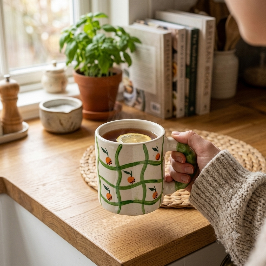 Orange Grid Handpainted Ceramic Mug – Green Handle