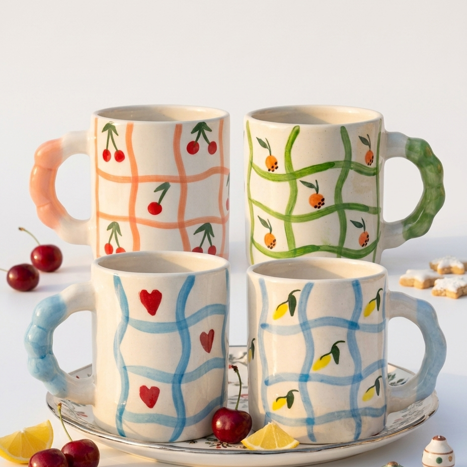 Hand-Painted Wavy Grid Ceramic Mug with Fruit Motifs Set of 4