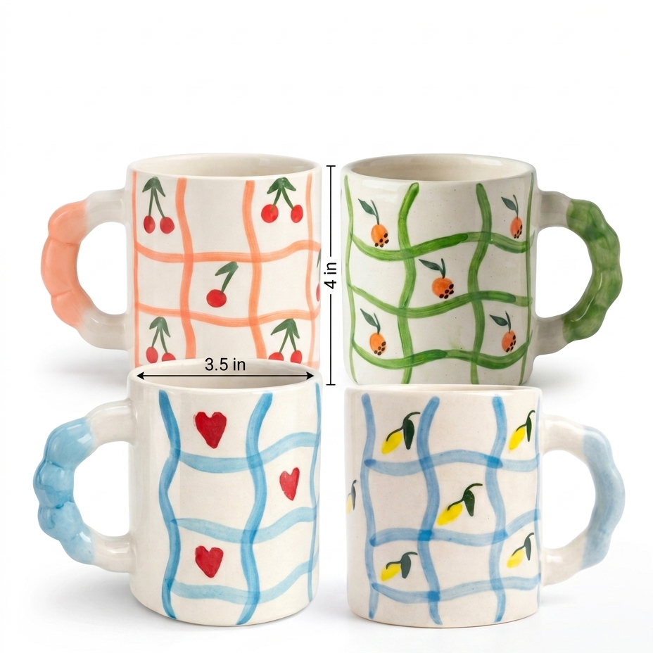 Hand-Painted Wavy Grid Ceramic Mug with Fruit Motifs Set of 4