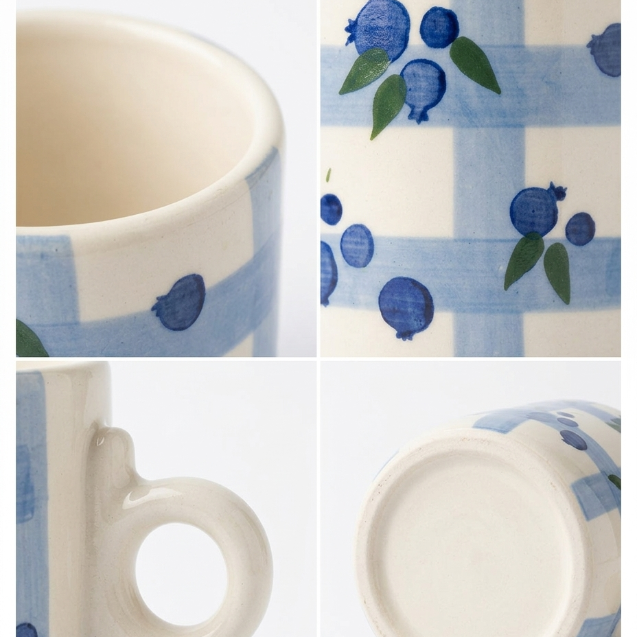 Hand-Detailed Blueberry Lattice Stoneware Mug - Unique Circular Ring Grip Cup