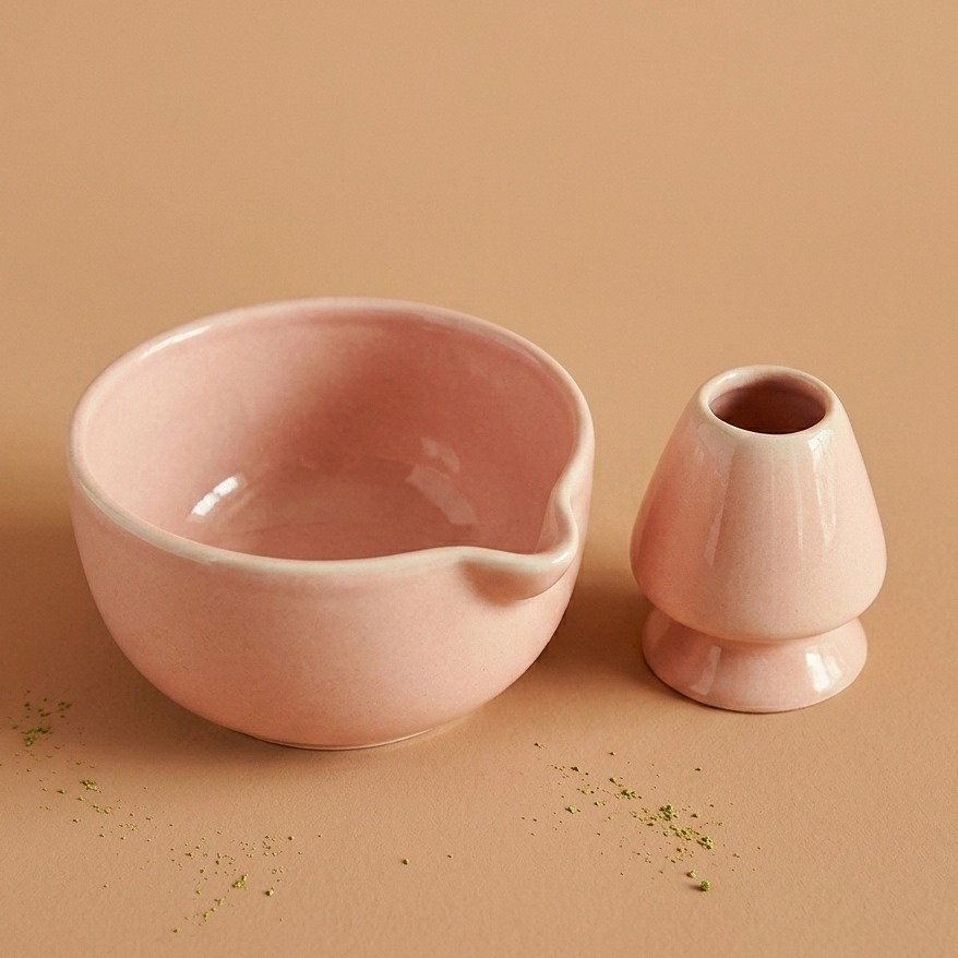 Pastel Pink Matcha Bowl & Whisk Holder Set
