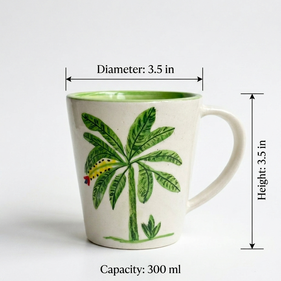 A ceramic mug with a green interior and a printed green palm tree design, shown with dimension callouts for diameter, height, and capacity on a light gray background.