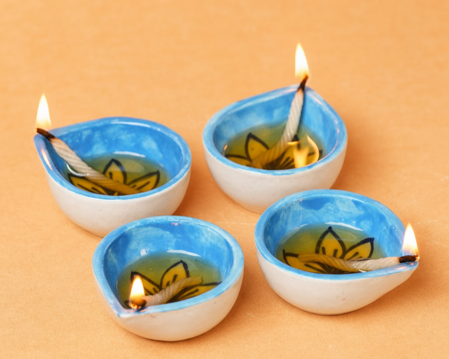 Neel Pushp Deepavali Blue Ceramic Diya's Set of 4