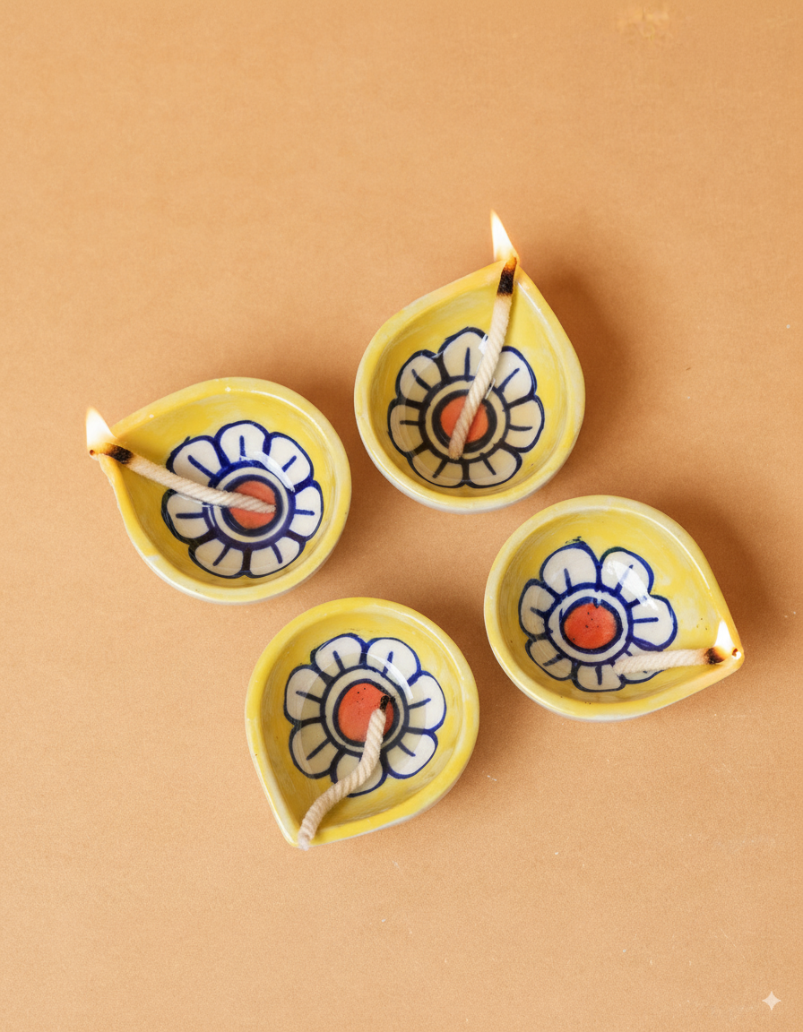 Yellow Bloom Ceramic Diya's Set of 4