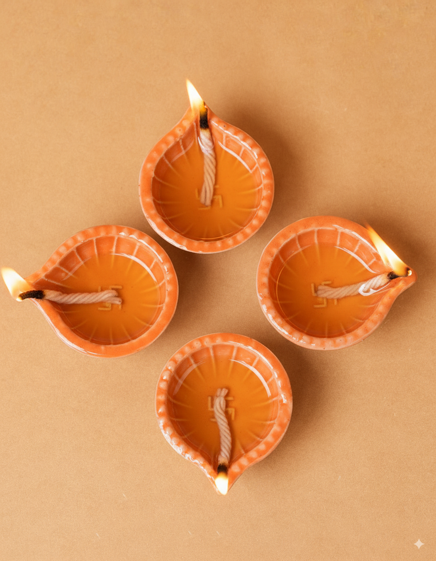 Orange Swastik Clay Diyas - Set of 4