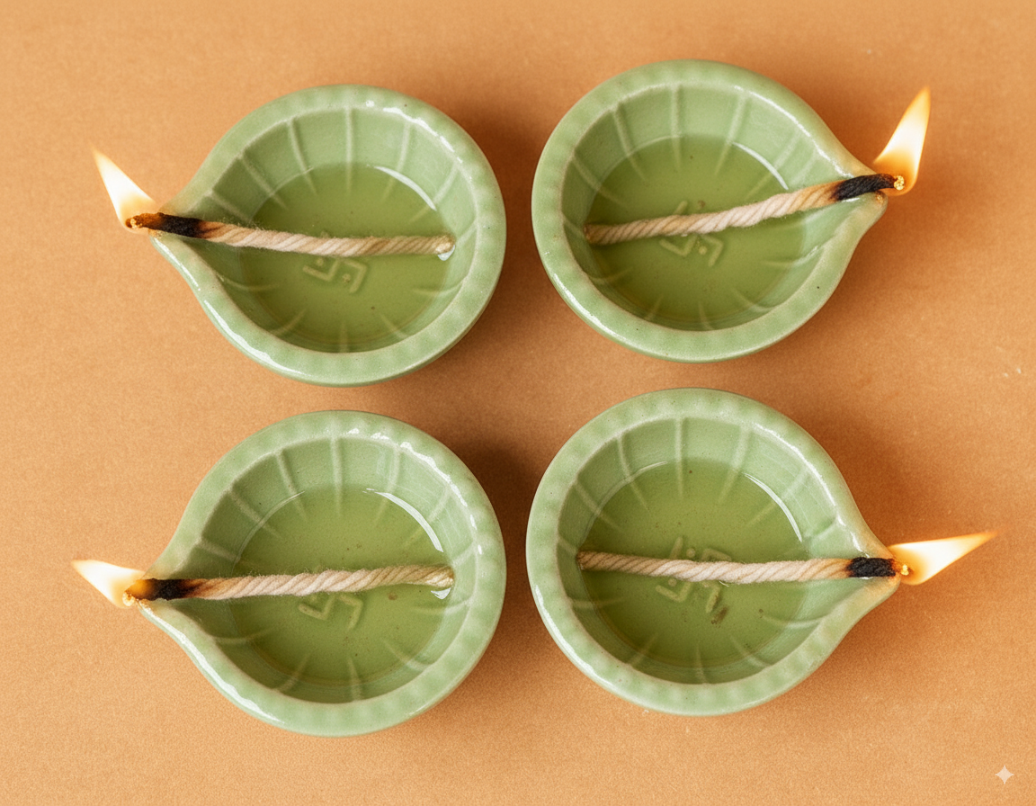 Green Swastik Clay Diyas - Set of 4
