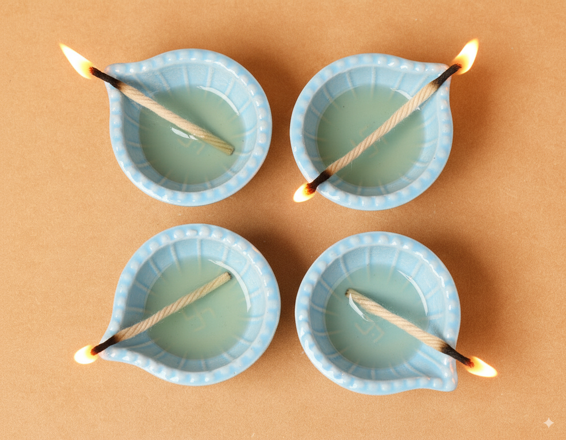 Sky Blue Swastik Clay Diyas - Set of 4